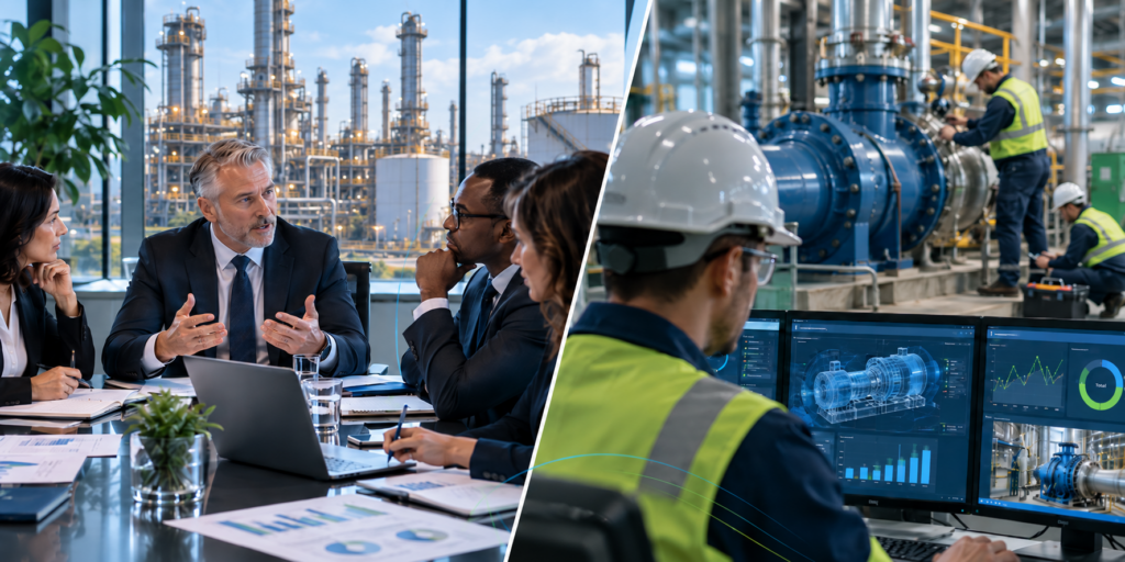 Stakeholders discussing EAM investment and ROI alongside maintenance teams using asset management systems in an industrial facility.