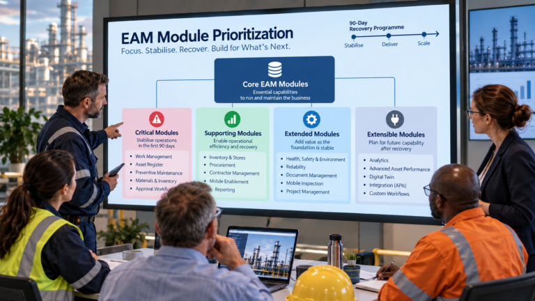 Cross-functional stakeholders reviewing EAM module priorities during a 90-day recovery planning workshop.
