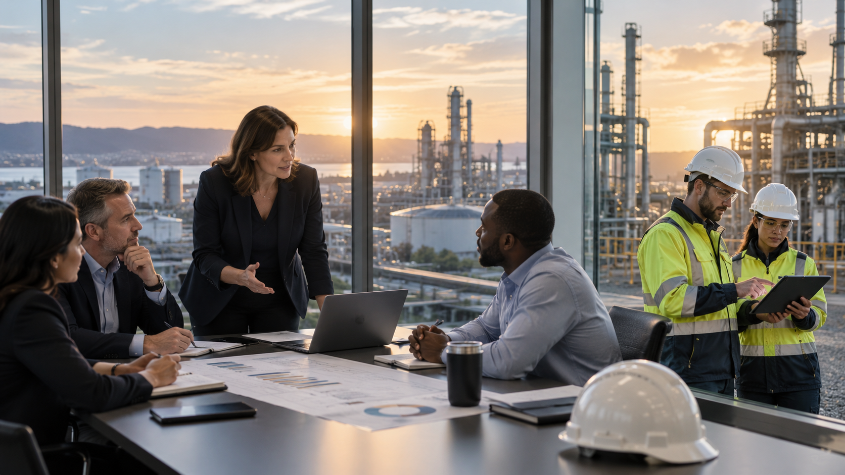 Senior stakeholders discussing an EAM programme recovery strategy overlooking an asset-intensive industrial facility.